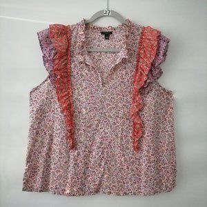 Ann Taylor Womens Pink Flutter Sleeve Ruffled Floral Blouse Petites Size PL